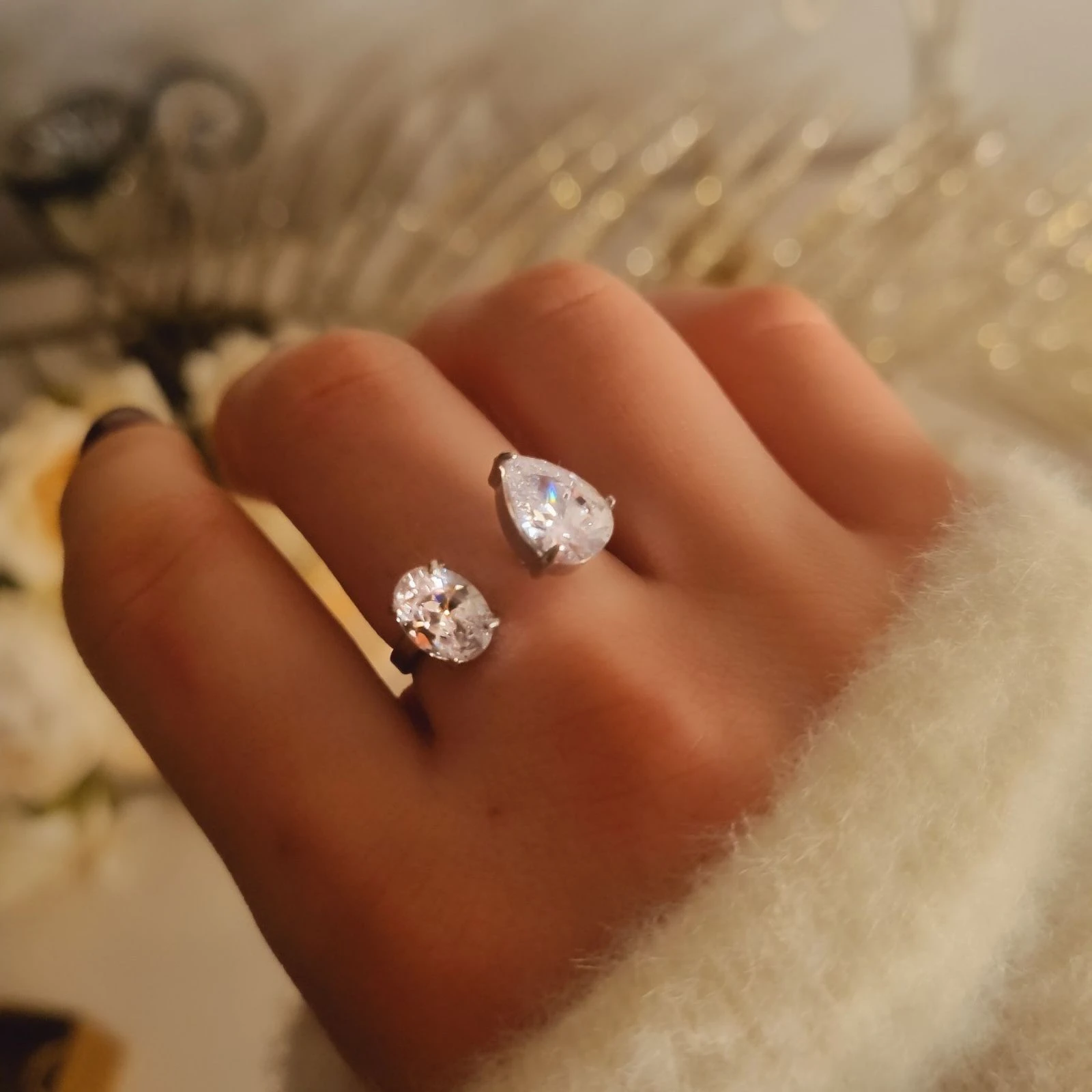 Bague Ajustable Deux Zircons Acier Inoxydable | Bague Ouverte Goutte & Rond | Bague Argent Femme | Cadeau Femme